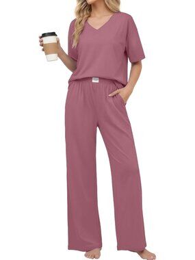 Women's Purple Red Cotton Short Sleeve Sleepwear Pant Pockets Pajama Set